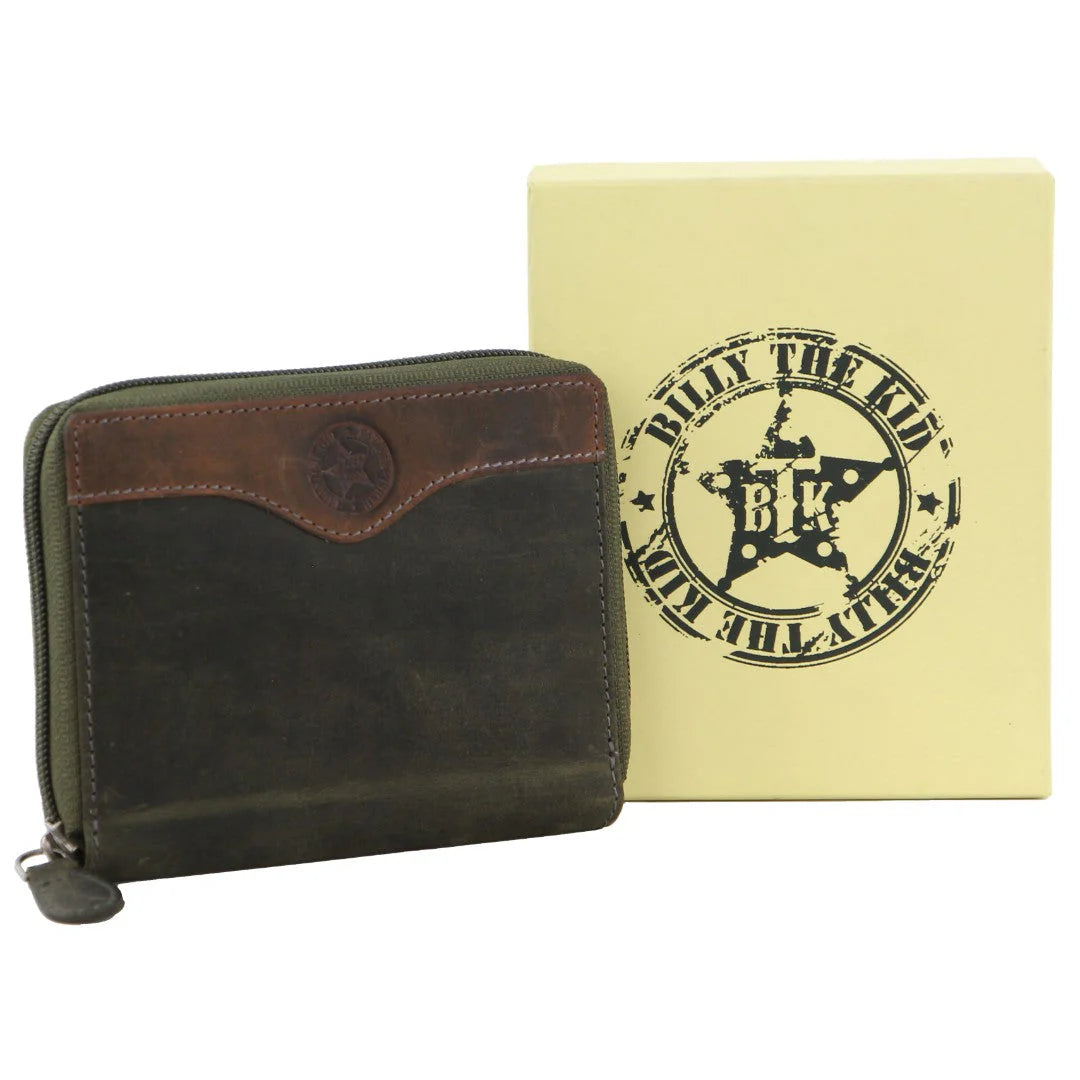 Billy The Kid Mens Olive Leather Wallet with Zip